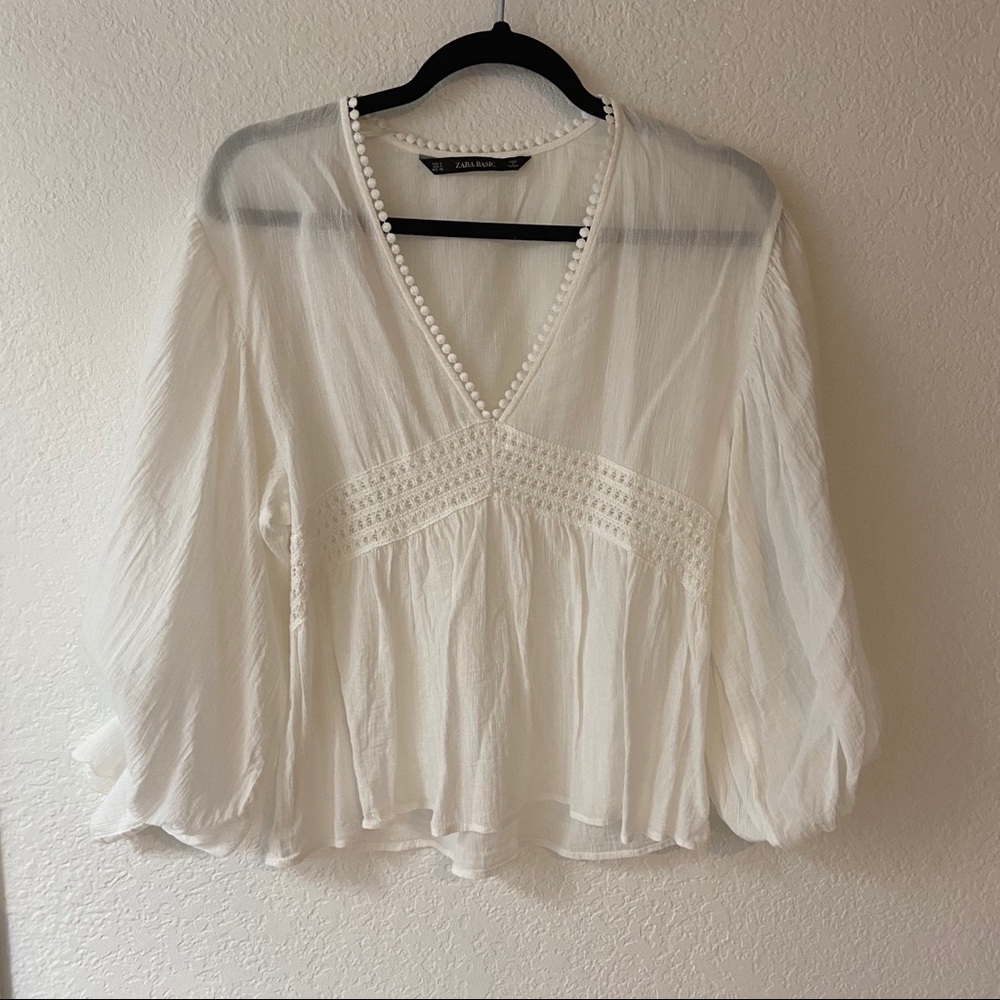 Zara balloon sleeve linen embroidered blouse S